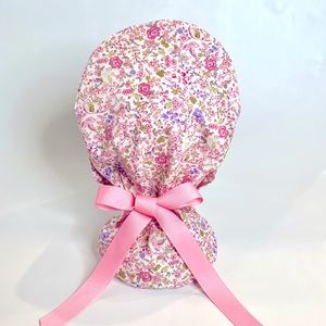 Pink Flower Ponytail Scrub Cap Hat Nursing Surgery